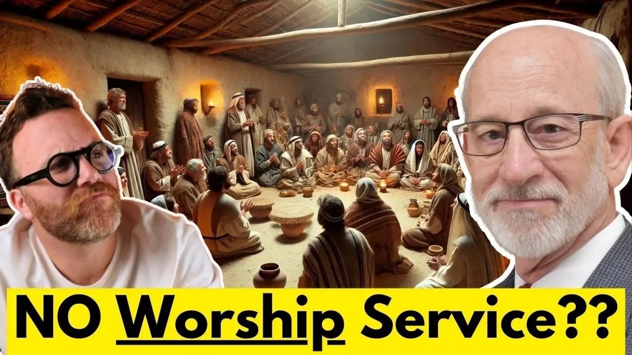 Dr. Tom Wadsworth and Tyler Burns in front of an ancient Christian assembly that says "No Worship Service??"