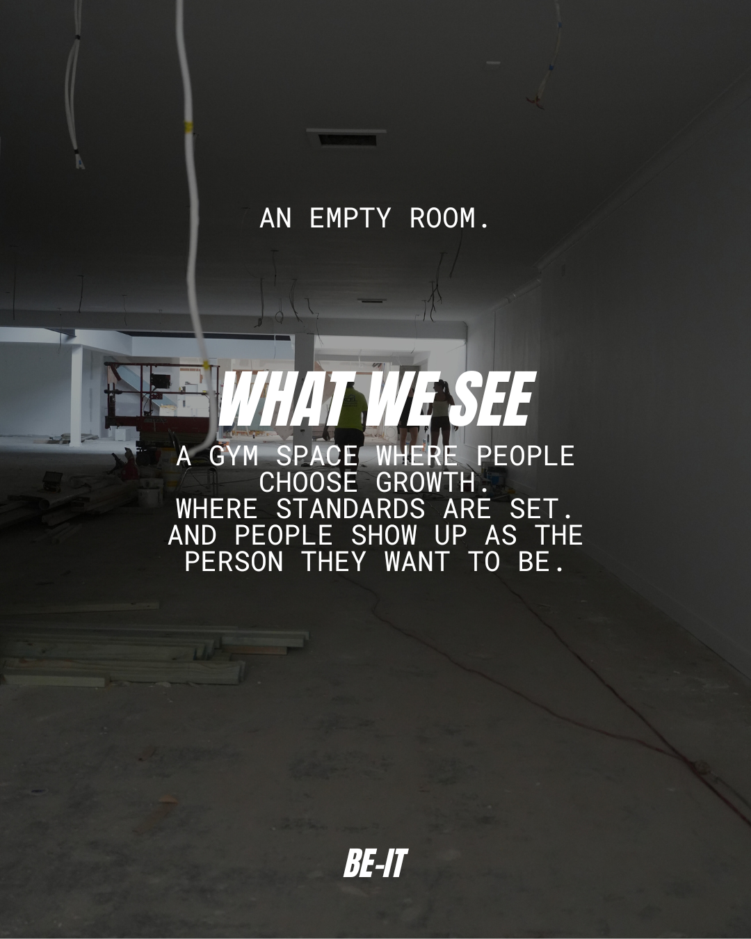 An empty gym under construction with text overlaid