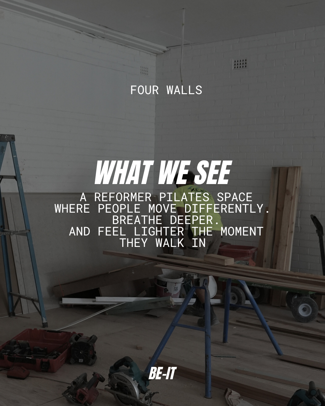 An empty room under constuction with text overlaid saying a reformer Pilates space.