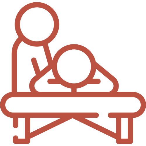 Outline of a person giving a massage to another person lying on a massage table.