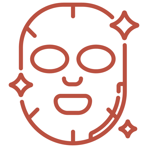 Outline of a facial mask with a smiling face, surrounded by sparkle effects.