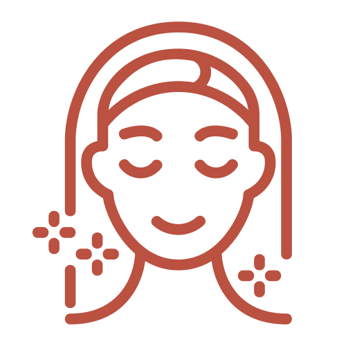 Line drawing of a woman with closed eyes, smiling, and surrounded by sparkles.