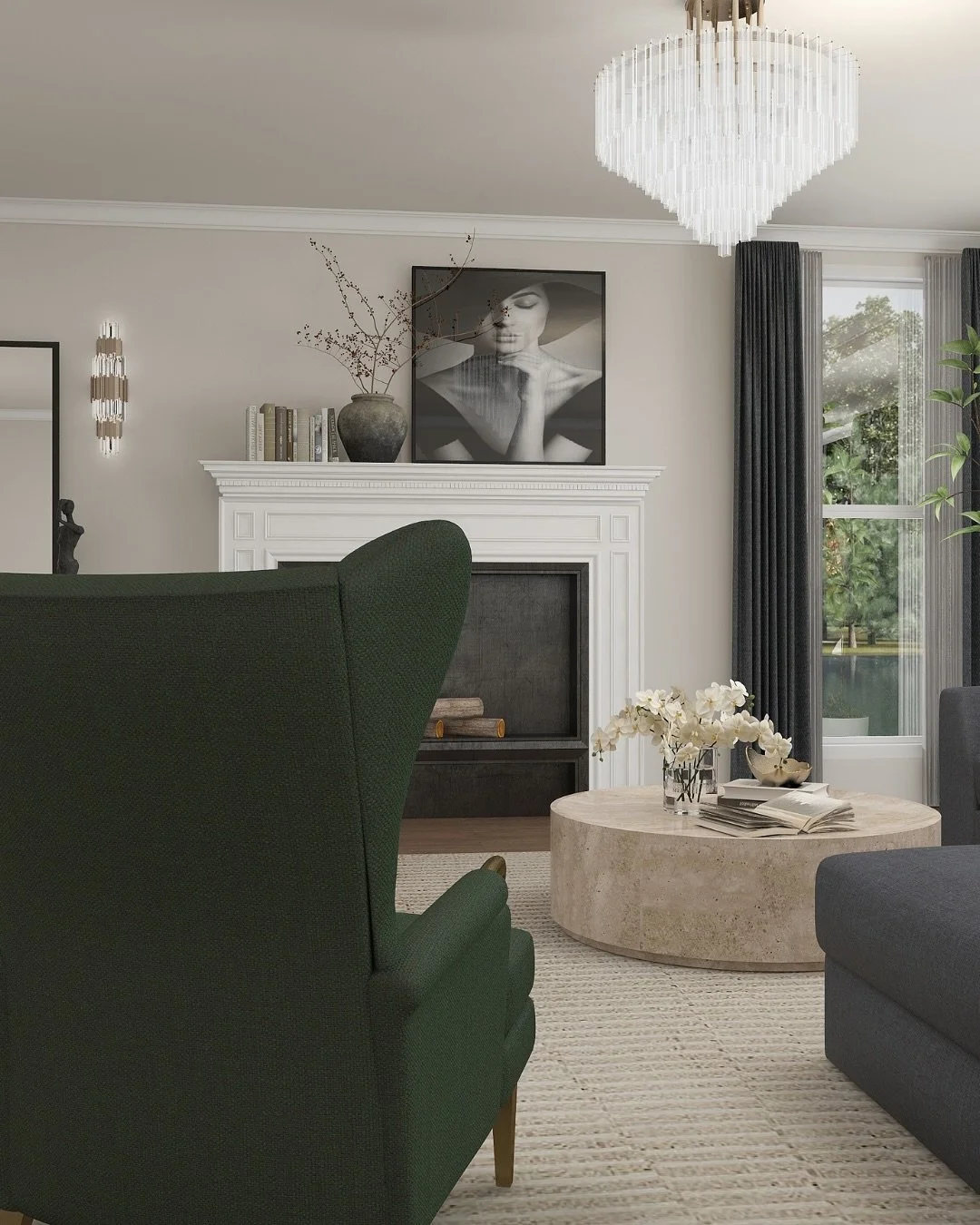 In this living room design, my goal was to balance luxury with timeless elegance. Every element was chosen with intention, from the statement side chair to the asymmetrical composition above the mantel. The black-and-white portrait provides a refined