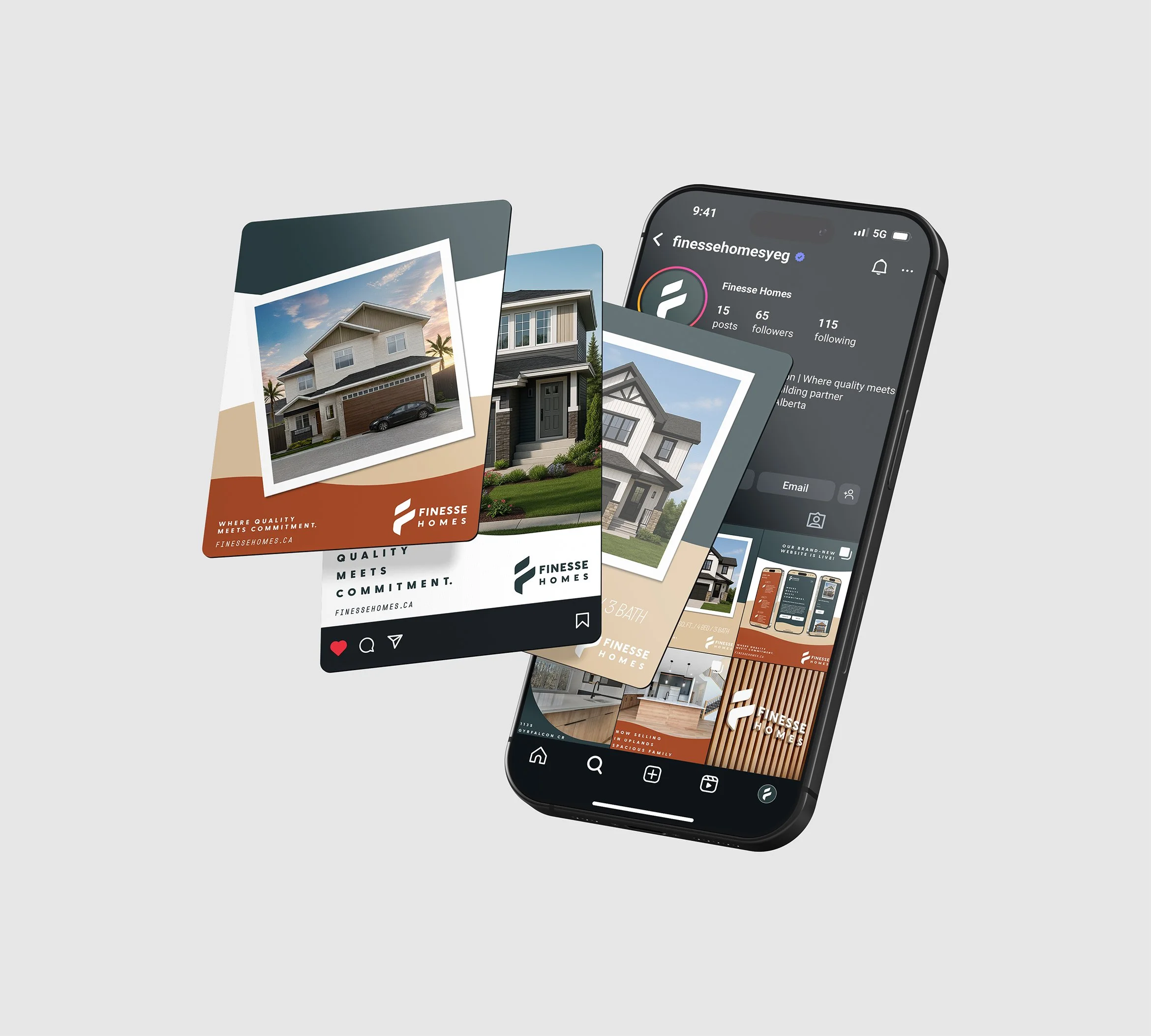 Smartphone displaying Finesse Homes social media profile with images of various house designs and marketing materials for home construction.