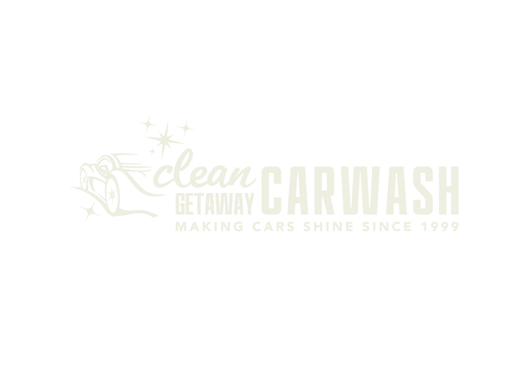 Logo for Clean Getaway Carwash with an illustration of a shiny car and sparkling stars, and the tagline "Making Cars Shine Since 1999."