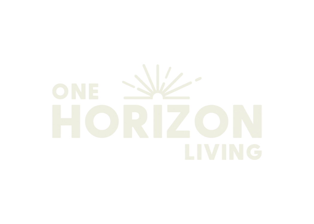 Logo with the words 'One Horizon Living' and a stylized sun or horizon design above the letter 'Z'.