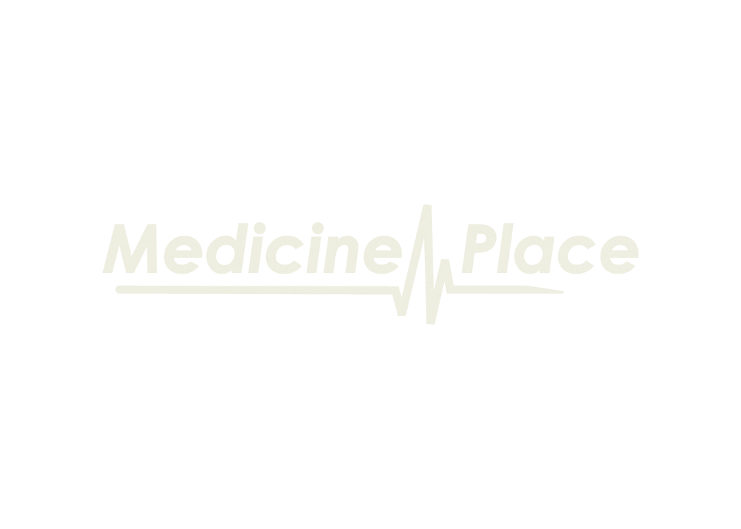 Logo for Medicine Place featuring the text 'Medicine Place' with a heartbeat waveform between the words on a black background.