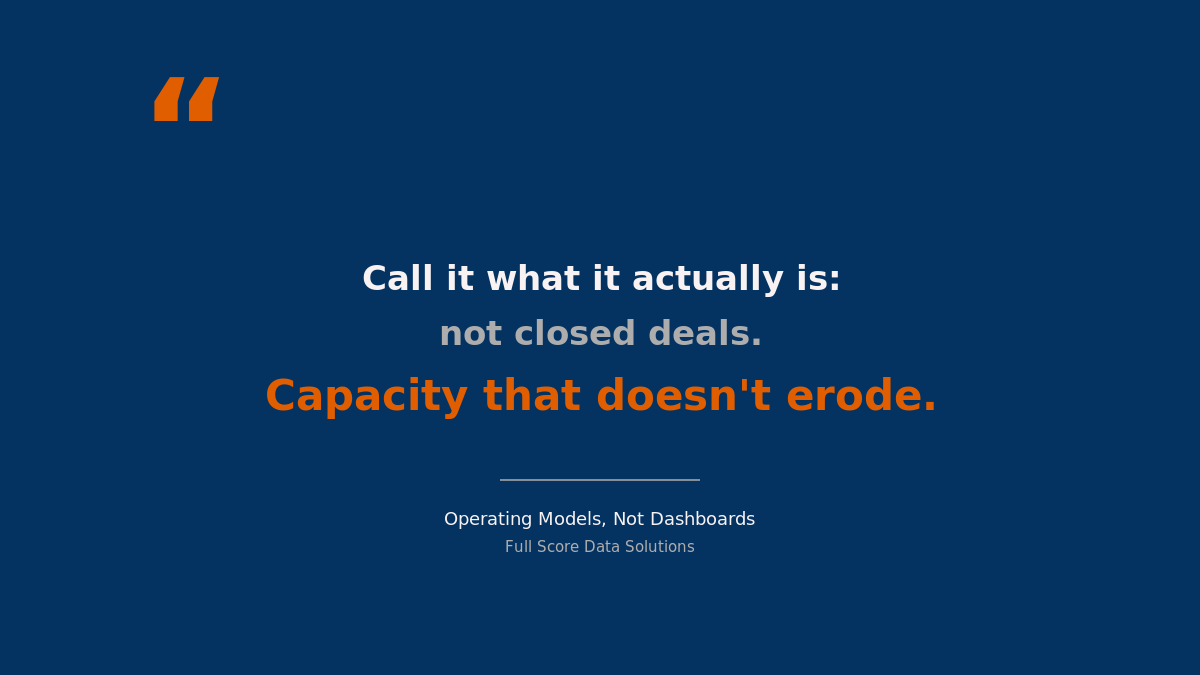 Navy pull-quote card reading "Call it what it actually is: not closed deals. Capacity that doesn't erode," attributed to "Operating Models, Not Dashboards / Full Score Data Solutions."