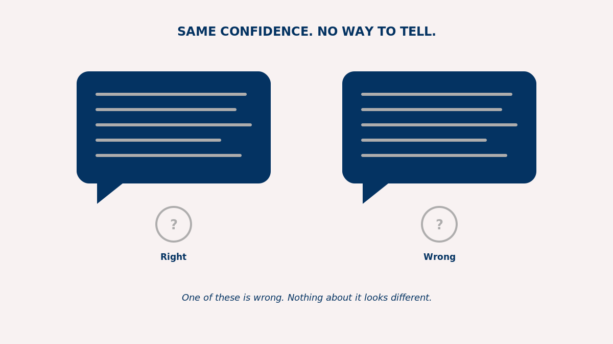 Confident either way illustration: two identical navy chat bubbles side by side, each with a neutral "?" circle labeled "Right" and "Wrong," captioned "One of these is wrong. Nothing about it looks different."