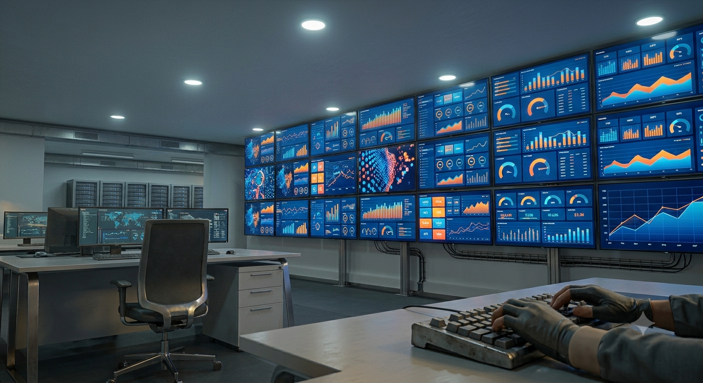 A dashboard interface rendered as a mask or facade, symbolizing that dashboards are a surface-level fix that conceals rather than solves the underlying data-governance problem.