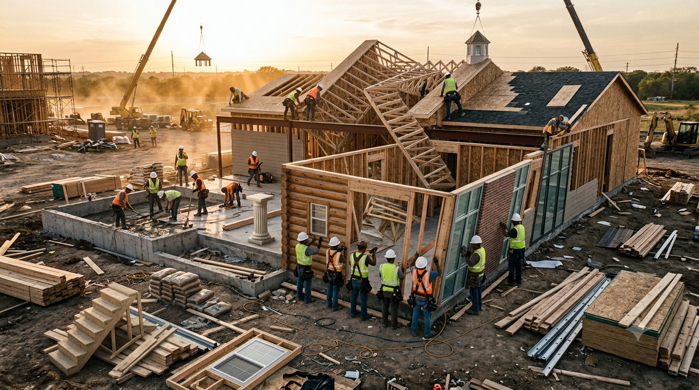 Broken house, no plan photo: a construction site under a nail gun with no blueprint in sight, illustrating a house built fast but not one anybody should live in