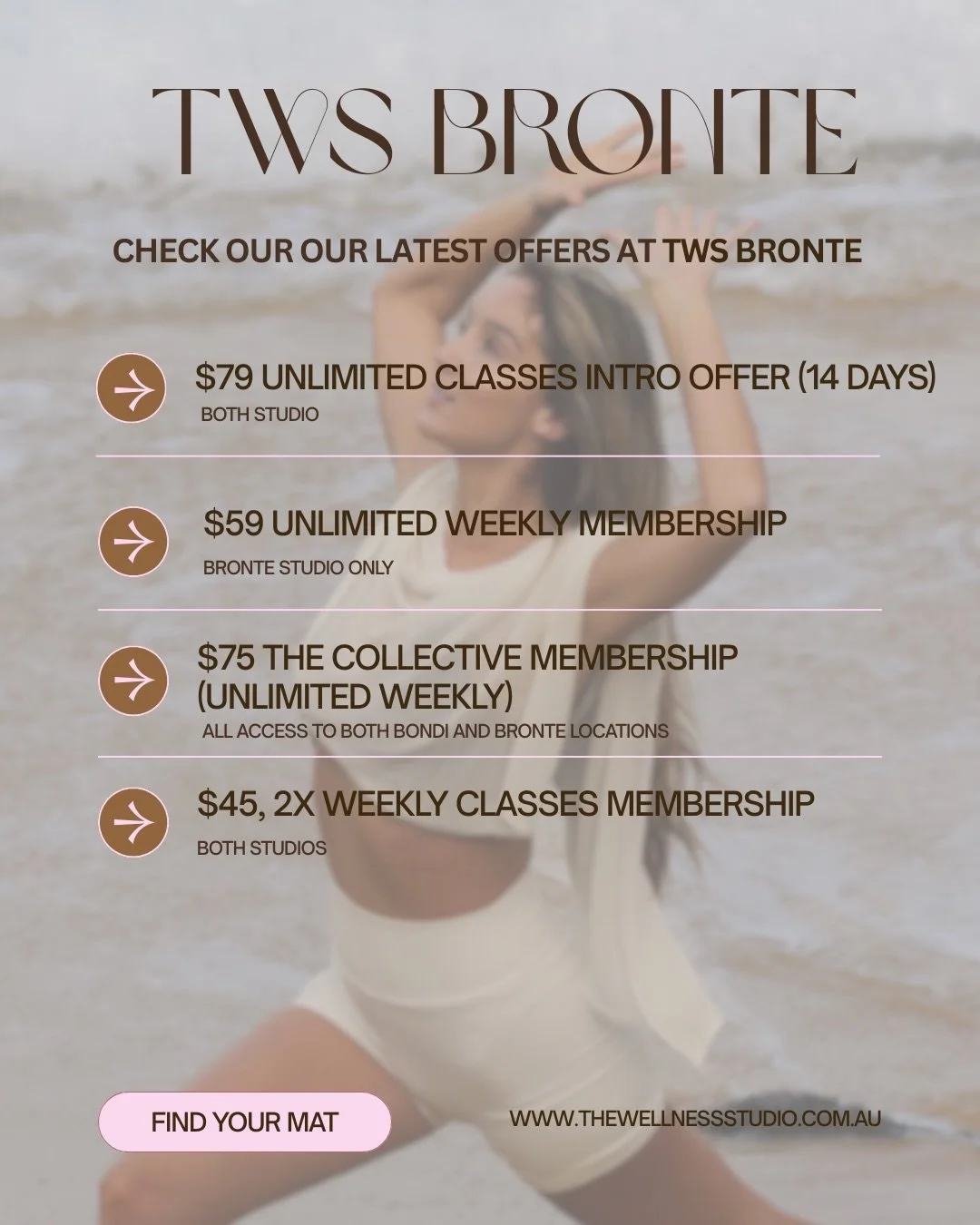 Our pricing and current offerings 💛

We are a nervous system based studio. With Pilates, Yoga, Barre, Breathwork &amp; Reiki. Helping you reconnect with your body, mind and soul in an inspiring way. 

Bondi &bull; Bronte