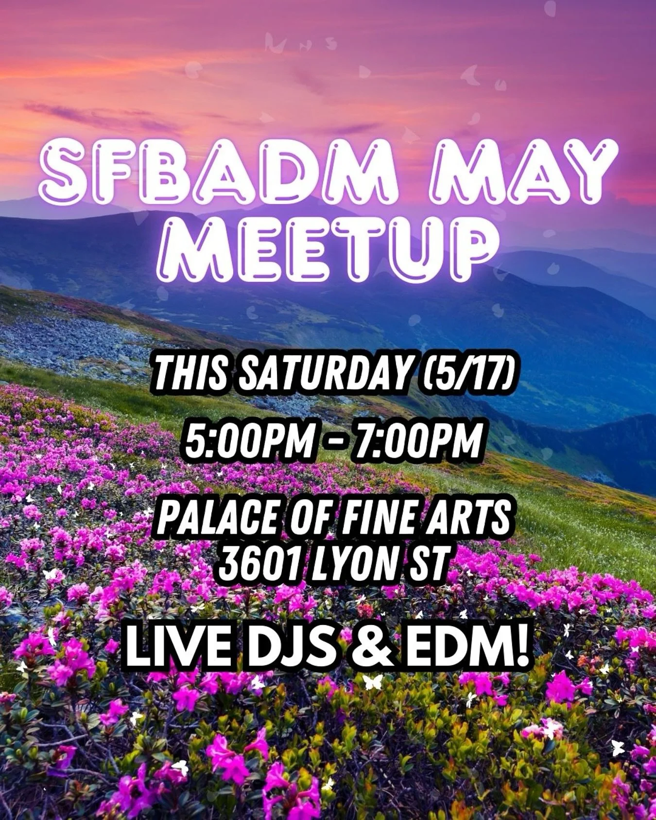 🪩May Meetup!

TOMORROW
Palace of Fine Arts, SF
5:00pm - 7:00pm

We&rsquo;ll just be having one meetup this month!
✨We hope those who are at EDC are having an amazing time!

Featured DJs this month:
@xavyshuffles.xd 
@dj.skyfall 

📲Please check our 