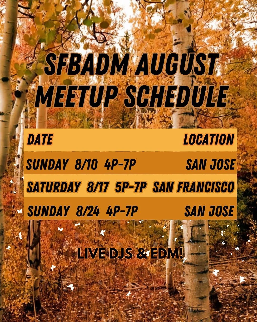 🗓️August Meetup Schedule✨

☀️We hope to see you out there for some live music &amp; fun sessions!

Featured DJs this month:
@dj_buckethead_ca 
@wlferal 
@xavyshuffles.xd 
@govind.flips 
@pikasurfer 

📲Please check our page frequently for updates on