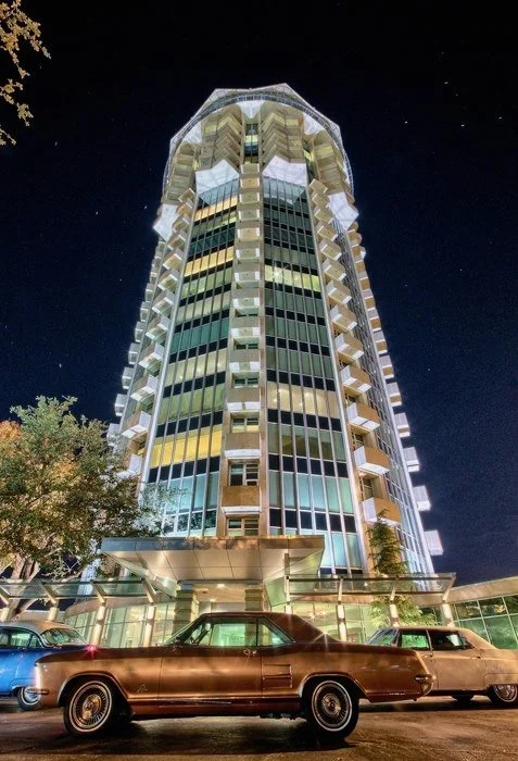 Founders Tower at night Oklahoma City skyline