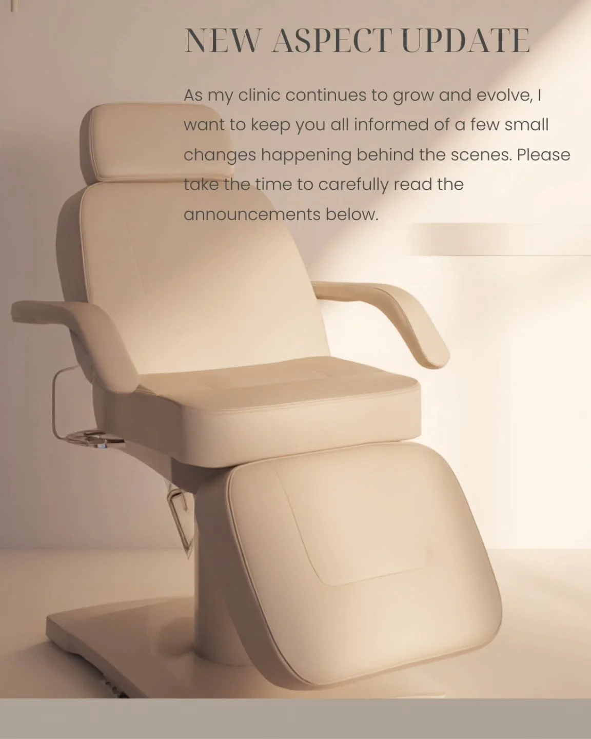 Clinic Update 🤍

As my clinic continues to grow and evolve, I want to keep you all informed of a few small changes happening behind the scenes.

●Pricing:
There will be a small price adjustment on some treatments. Some treatments have a small increa