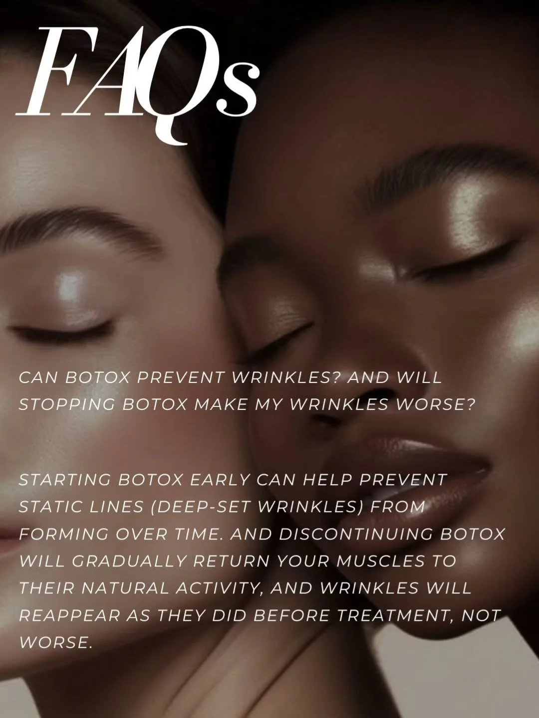 "If I stop tox, will my wrinkles come back worse?&rdquo;

Short answer:&nbsp;No.

When your anti-wrinkle treatment (tox) wears off, your wrinkles return to exactly what they would have been if you never started.

Not worse.
Not deeper because yo