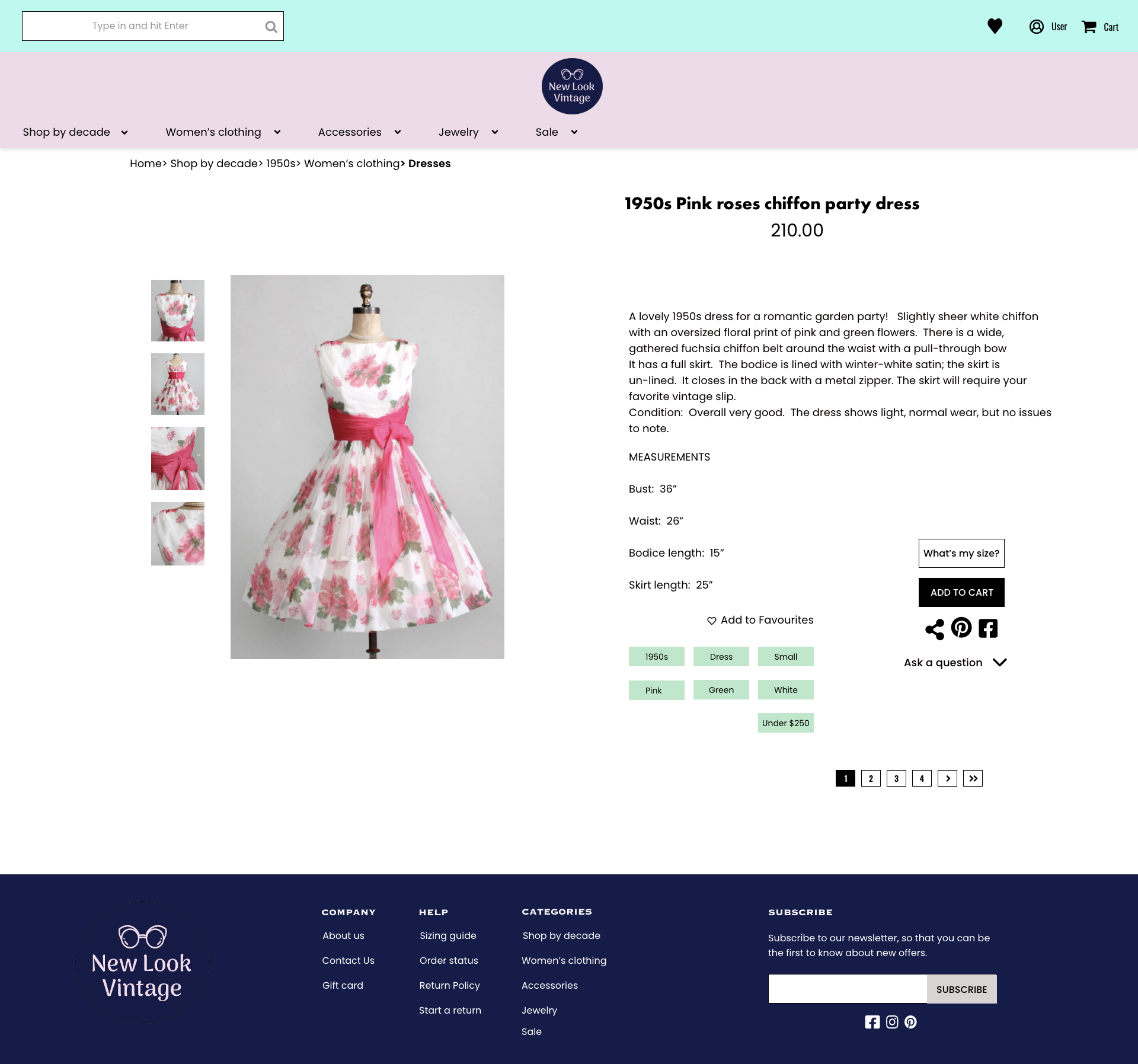 Vintage clothing e-commerce website product page displaying a dress with pink roses.
