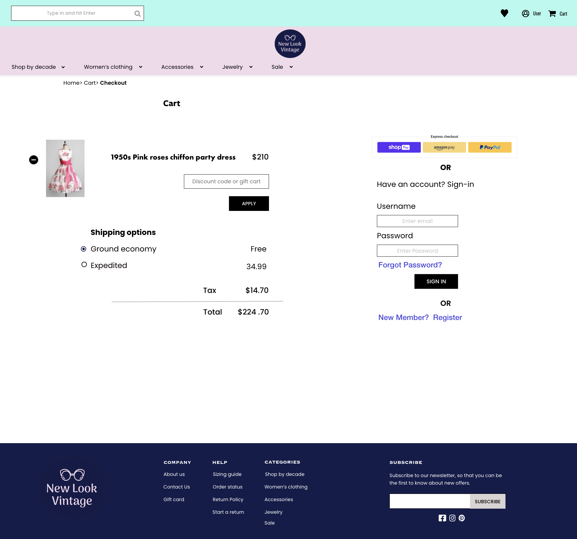 Vintage clothing website cart checkout page