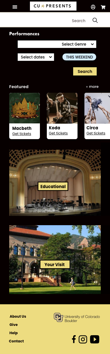 mobile app screen for CU Presents