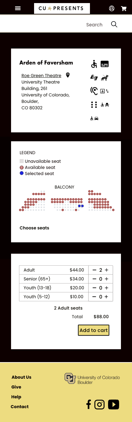 A mobile app screen for selecting theater seats