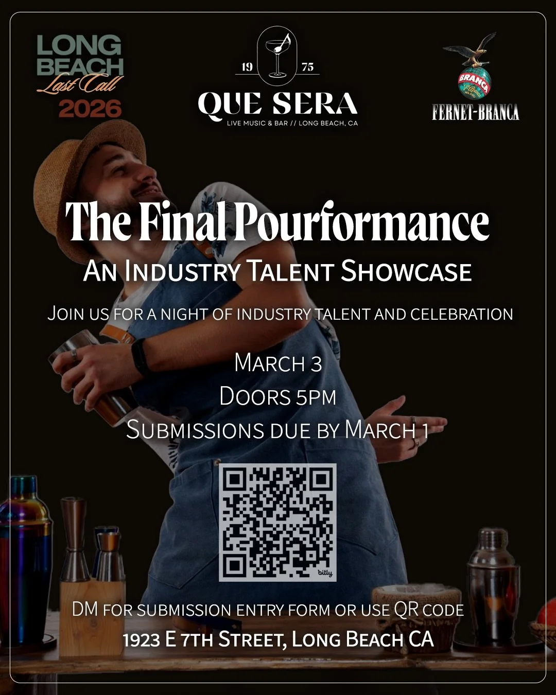 Attention industry professionals! Show us your best pour!

Que Sera is teaming up with Last Call Long Beach @longbeachize and @fernetbranca to bring you a night of talent, networking, and celebration! Equal part talent show, mixer, and party. Pourfor
