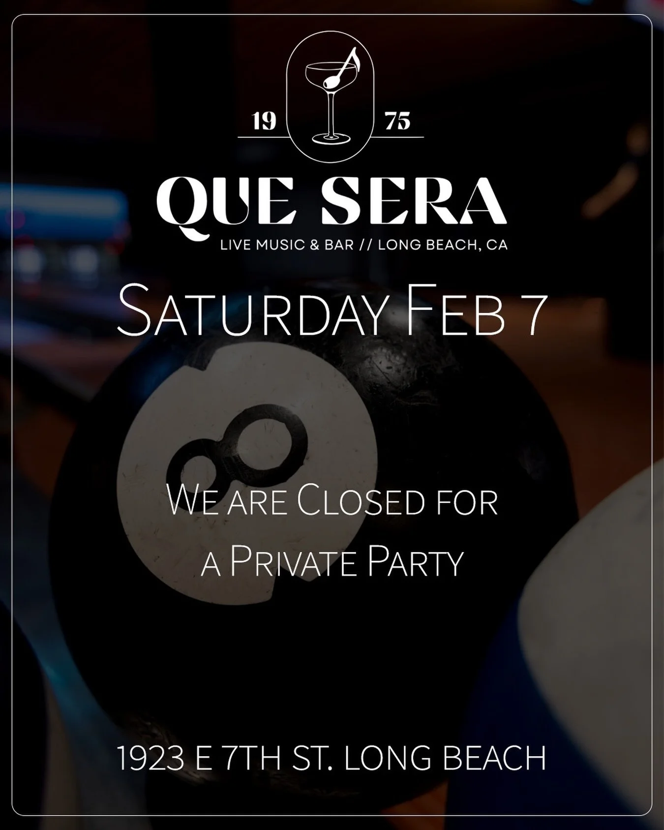 We are closed tonight for a private party. We look forward to serving you tomorrow night, Sunday the 8th. Check out our new menu for fresh new flavors and come thru tomorrow for live music!