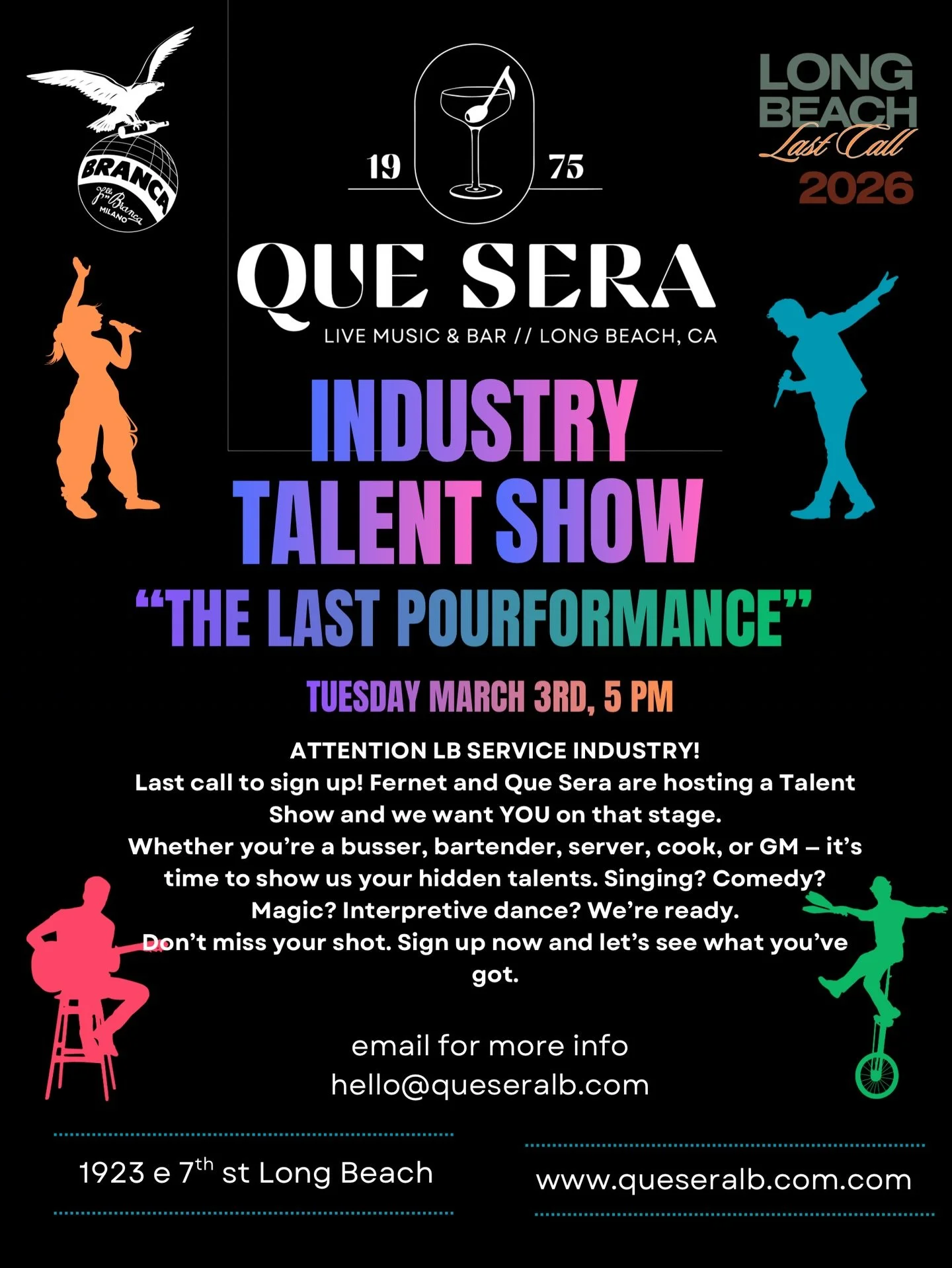 Be in our talent show for bartenders, servers, cooks, managers, anyone who works in the service industry! Come out and show off those skills! Whether you juggle, dance, or sing&mdash; get on our stage and show off!

This event is part talent show, pa