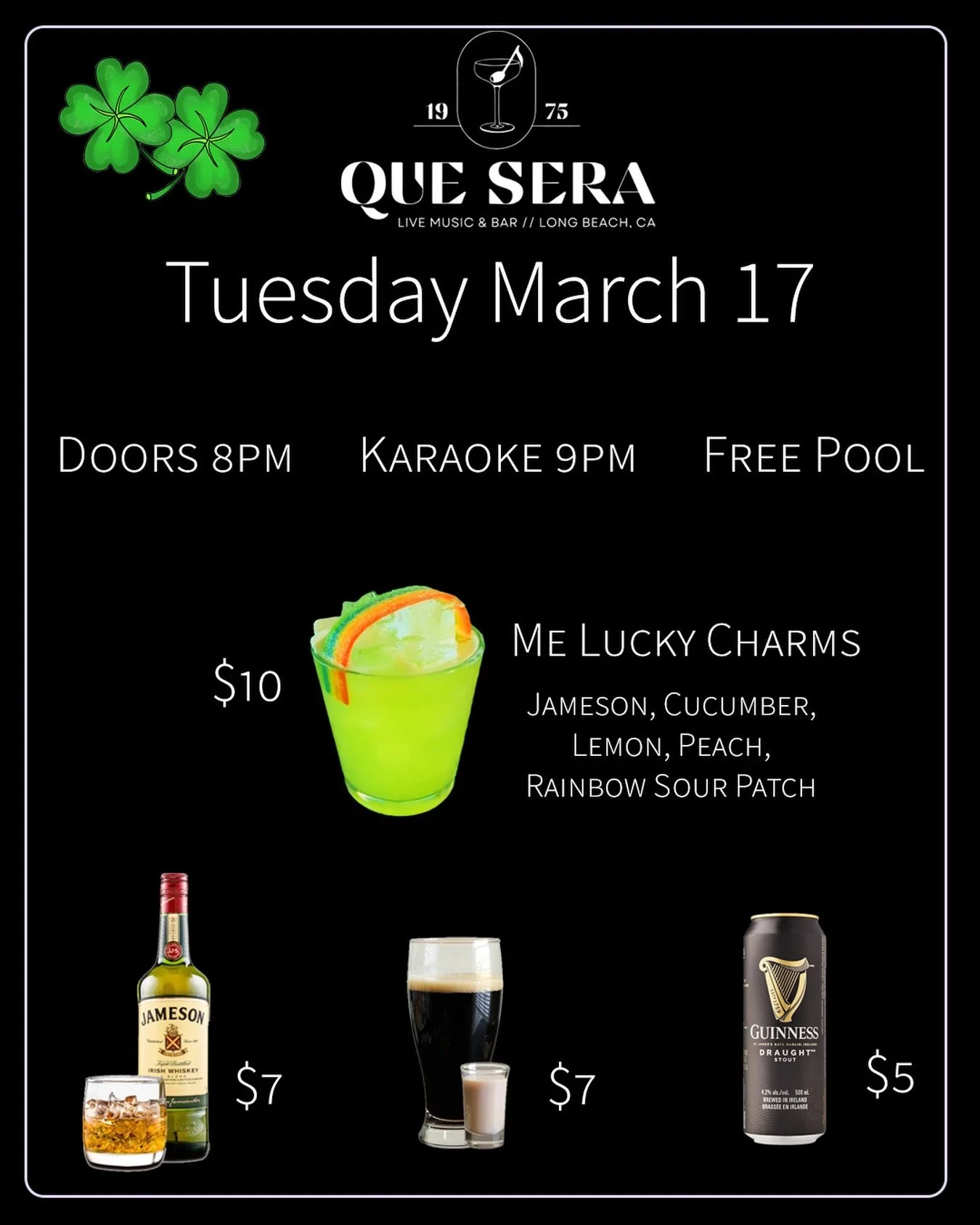 March 17 we&rsquo;re going green! Come thru for karaoke, free pool, and drinks specials!

Try our new cocktail &ldquo;Me Lucky Charms&rdquo; made with Jameson, cucumber, lemon, peach, and garnished with a Rainbow Sour Strip!

We&rsquo;ve also got Gui