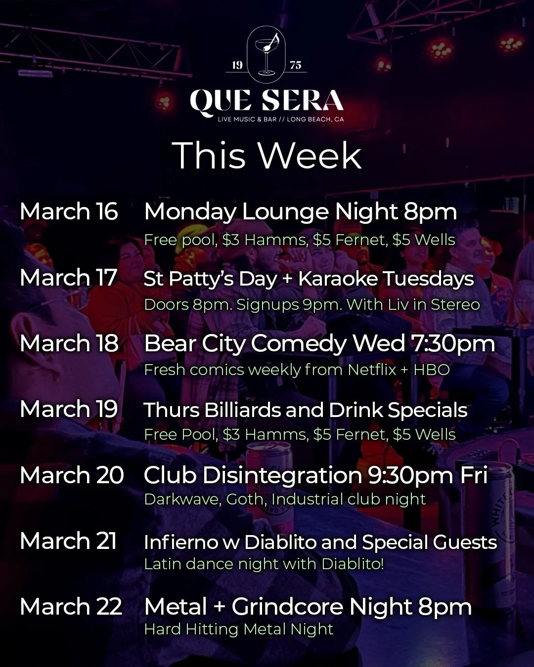 St. Patty&rsquo;s week is full of luck!

Mon March 16
Lounge Night!
Drink Specials
Free Pool
No cover
8pm

Tues March 17
Celebrate Ireland!
Drink Specials
Doors 8pm
Karaoke 9pm
No cover

Wed March 18
Bear City Comedy
Fresh Comics Weekly
From HBO + Ne