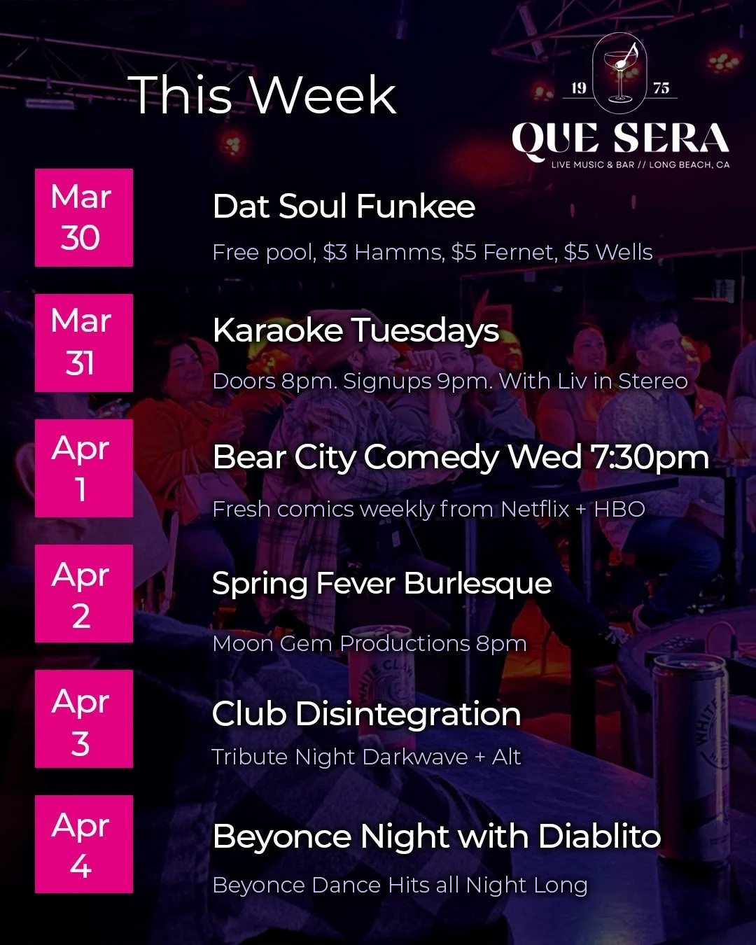 This week at Que Sera Live Music &amp; Bar!

Mon March 30
Dat Soul Funkee
Soul, Funk, House
Hip Hop
DJ Gloss +
Papa Doo Rag
9pm

Tues March 31
Karaoke with
Liv in Stereo
Doors 8pm
Sign ups 9pm
All levels
@uhwhivia

Wed April 1
Bear City Comedy
Fresh 