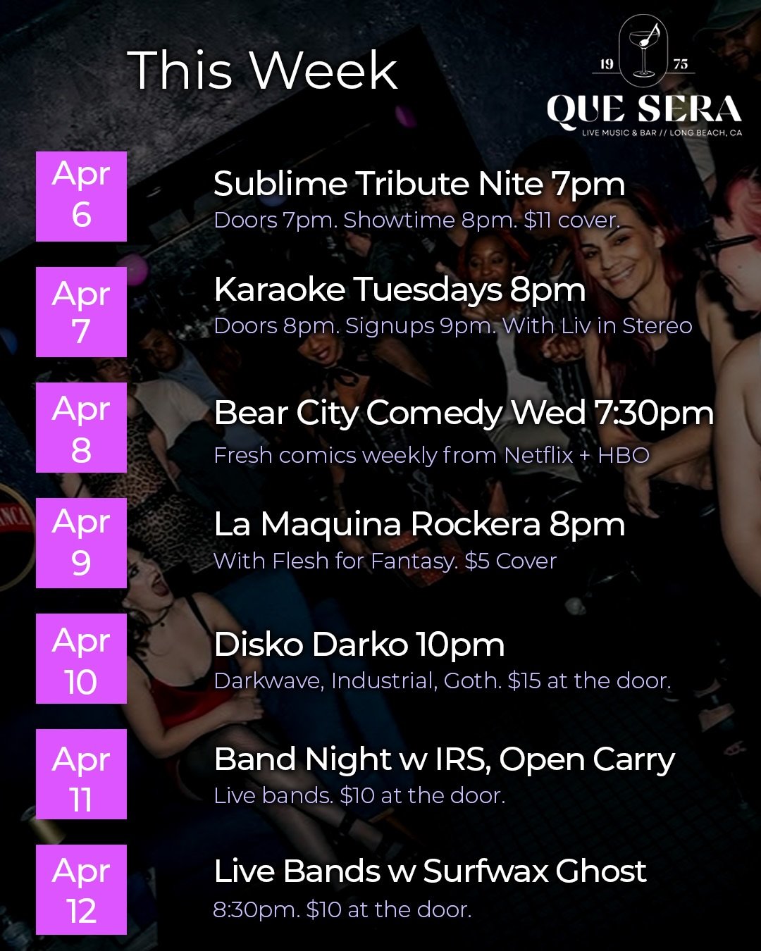 This week is stacked! Check it out!

Mon Apr 6
Sublime Tribute Night
Doors 7pm
$11 cover
@frankation_ 

Tues Apr 7
Karaoke Tuesdays
w Liv in Stereo
Doors 8pm
Sign ups 9pm
Free entry!

Wed Apr 8
Bear City Comedy
Doors 7:30pm
Free RSVP on Eventbrite
@b