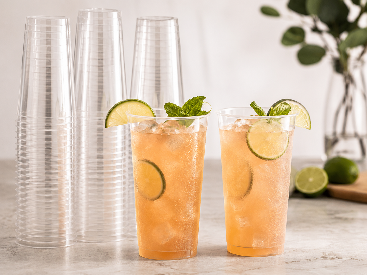 Stacked clear plastic cups with a glass of sparkling water and lemon and cucumber slices.