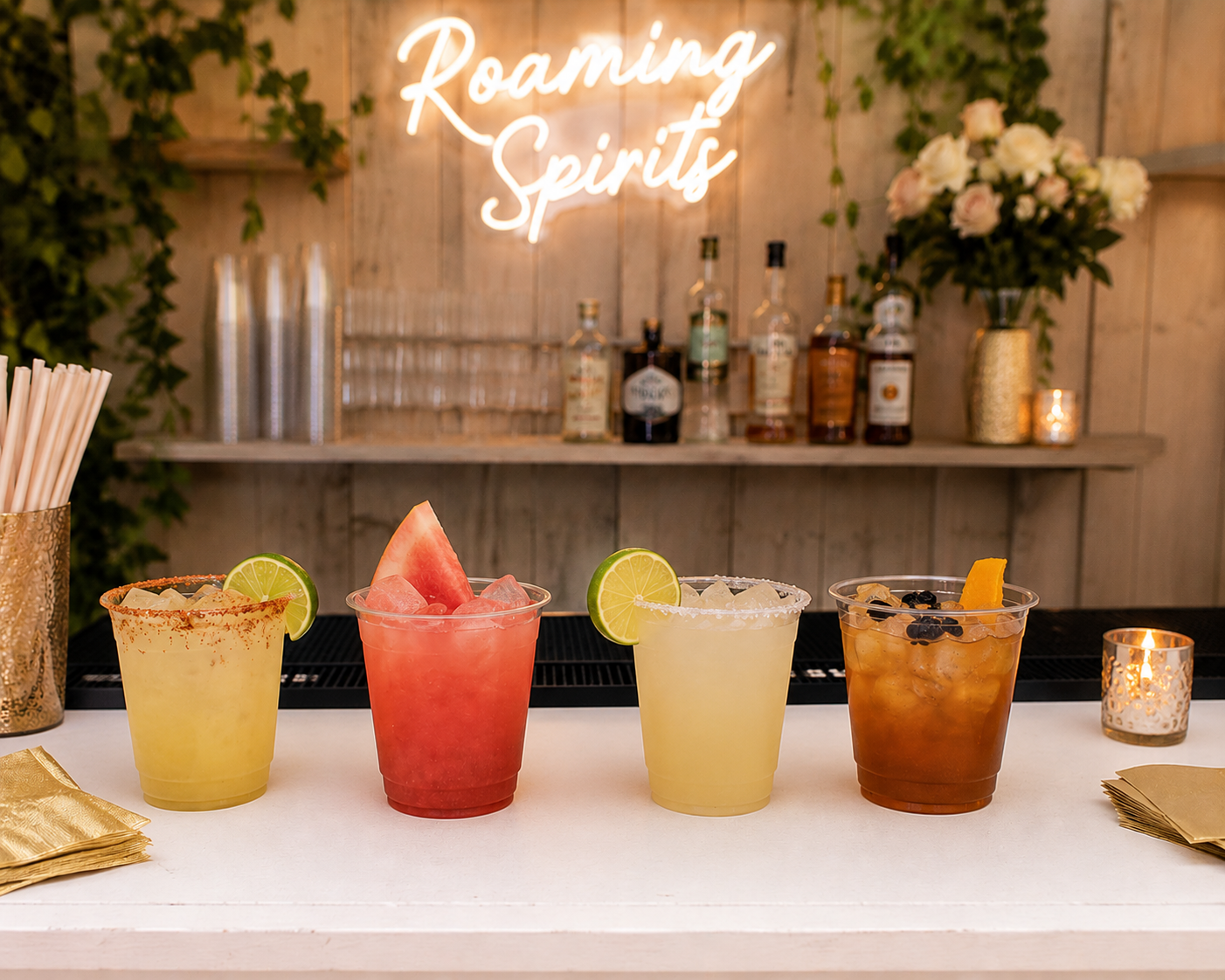 A clear plastic cup with a peach-colored beverage being poured into it, with lime slices and other colorful drinks in the background.