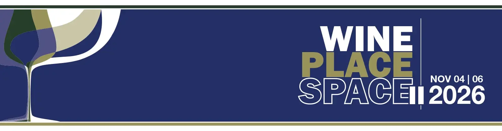 Graphic banner for the Wine Place Space Conference 2026. Includes the conference text and dates, November 4-6 2026, and a logo consisting of wine glass shapes layered over each other.
