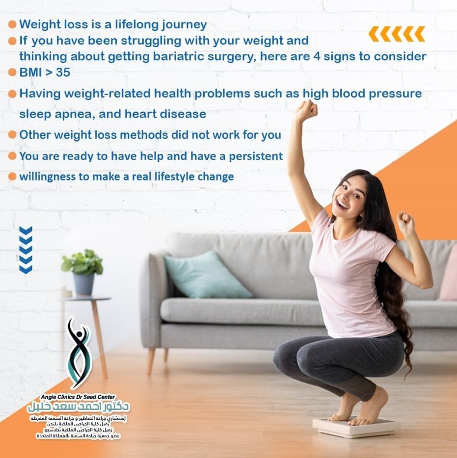 List of signs indicating readiness for weight loss on a wall, with a smiling woman in workout clothes squatting on a scale, raising her fist in victory. The signs mention BMI over 35, weight-related health issues, unsuccessful previous methods, and a willingness to change lifestyle. There is a side table with a potted plant and the logo of Angie Clinics Dr. Saad Center at the bottom.