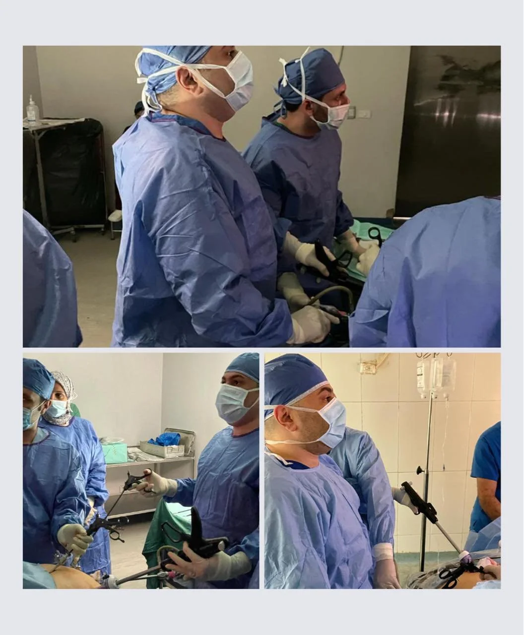 Group of surgeons in operating room wearing scrubs, masks, and caps, performing a surgical procedure.