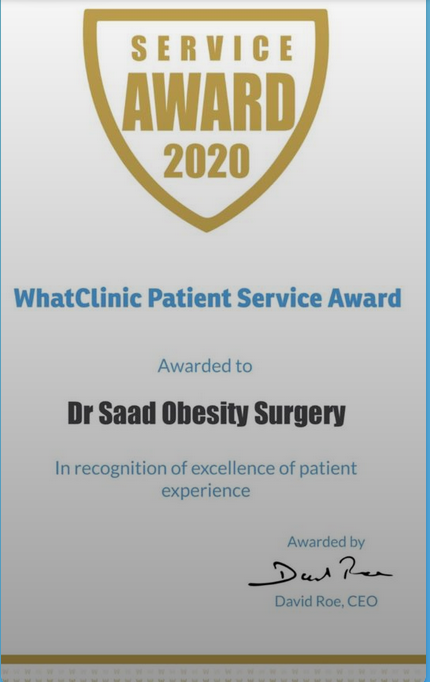 Certificate of the 2020 WhatClinic Patient Service Award awarded to Dr. Saad Obesity Surgery for excellence in patient experience, signed by David Roe, CEO.
