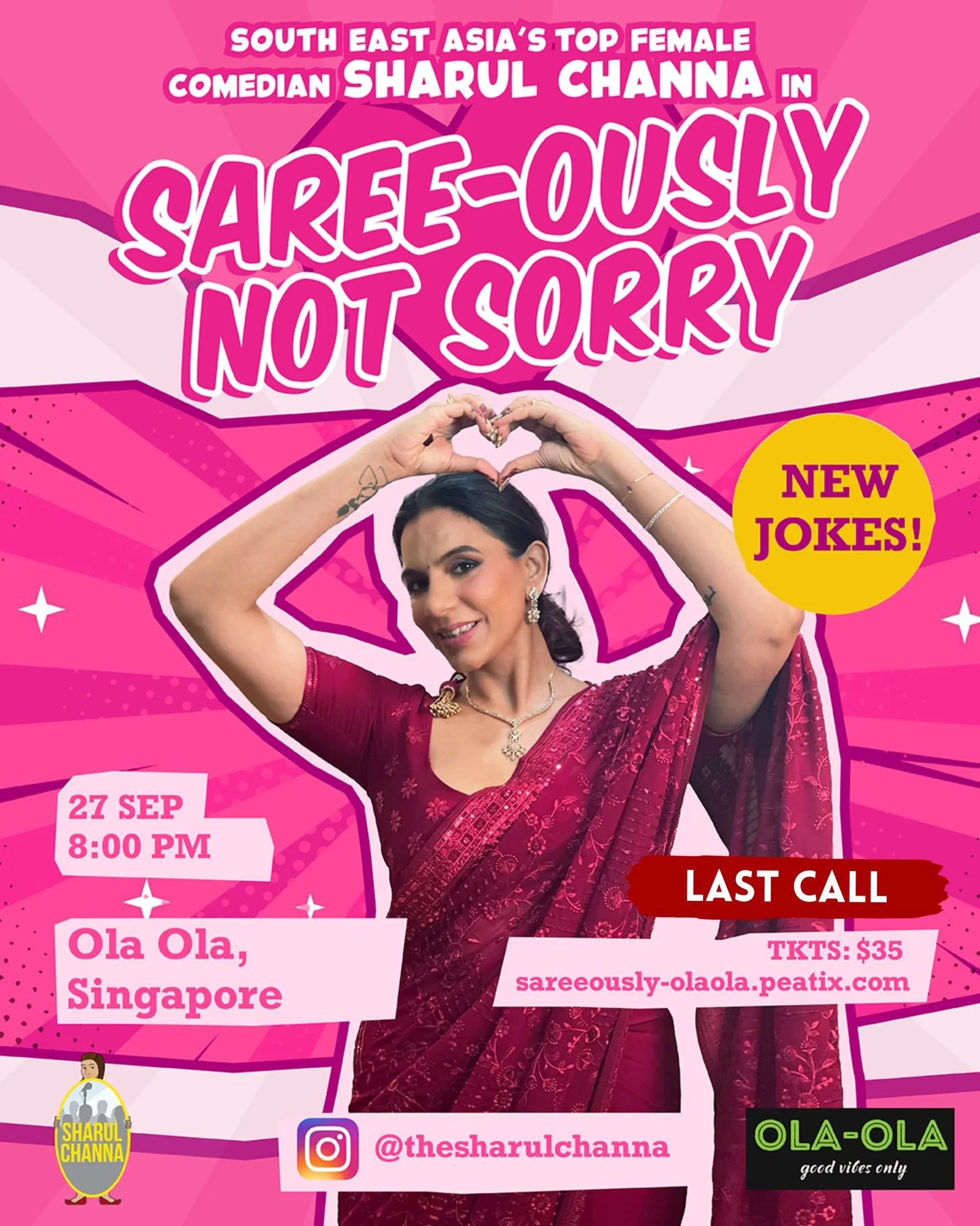 LAST CALL! 🚨

Sharul Channa&rsquo;s &ldquo;Saree-ously Not Sorry&rdquo; is hitting Ola Ola THIS SATURDAY, and tickets are flying fast! 🎤💥

🎟 Link in Bio 🔗
🍴 Doors open 7PM &ndash; come early, fuel up with dinner &amp; chope your seats before th