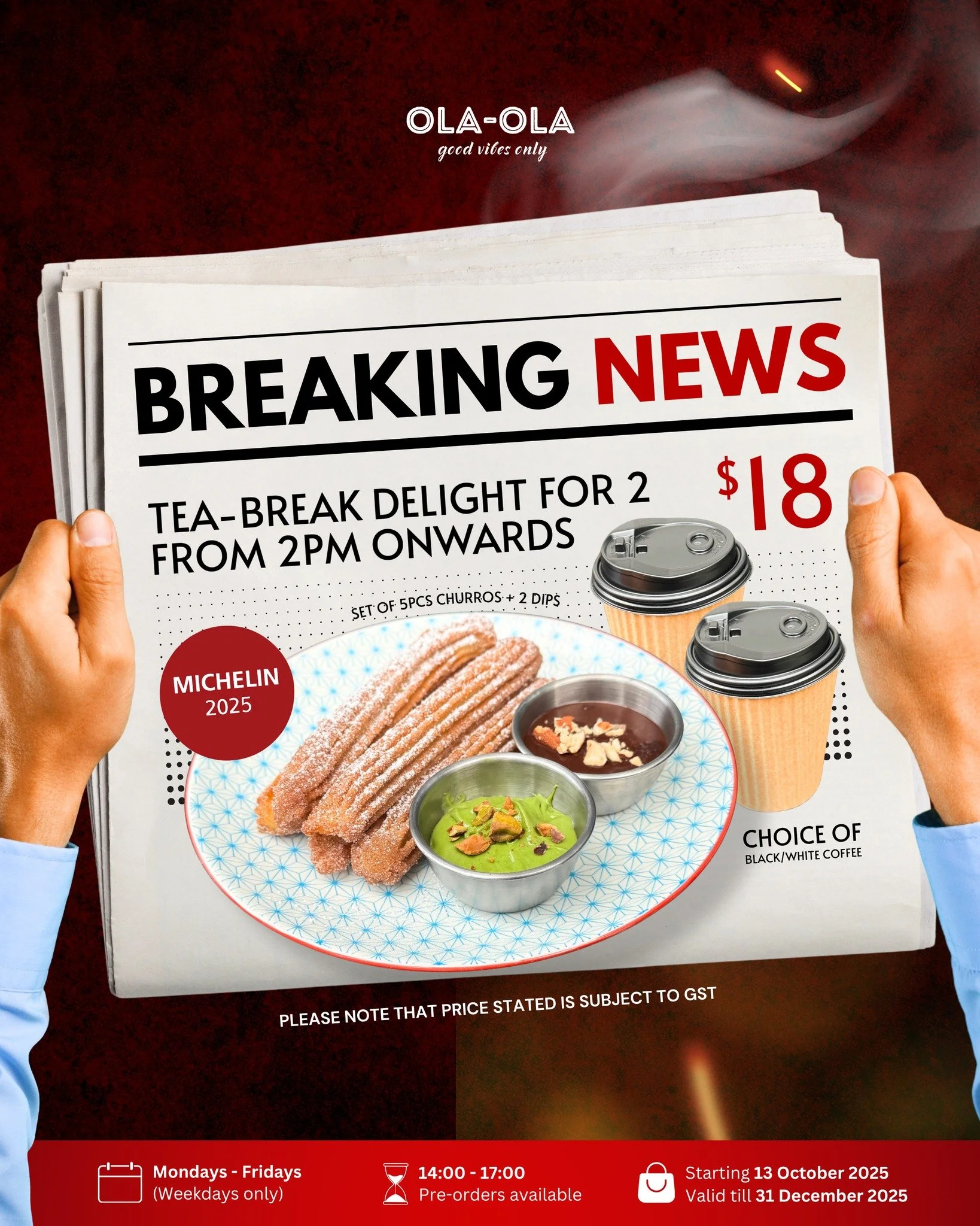 🚨 BREAKING NEWS 🚨
Your weekday tea-time just got an upgrade! 🍩☕️

From 2PM onwards, treat yourself (and your partner-in-crime) to our Tea-Break Delight for 2 &mdash; only $18!
✨ 5 pcs Churros + 2 irresistible dips
☕️ Choice of Black or White Coffe