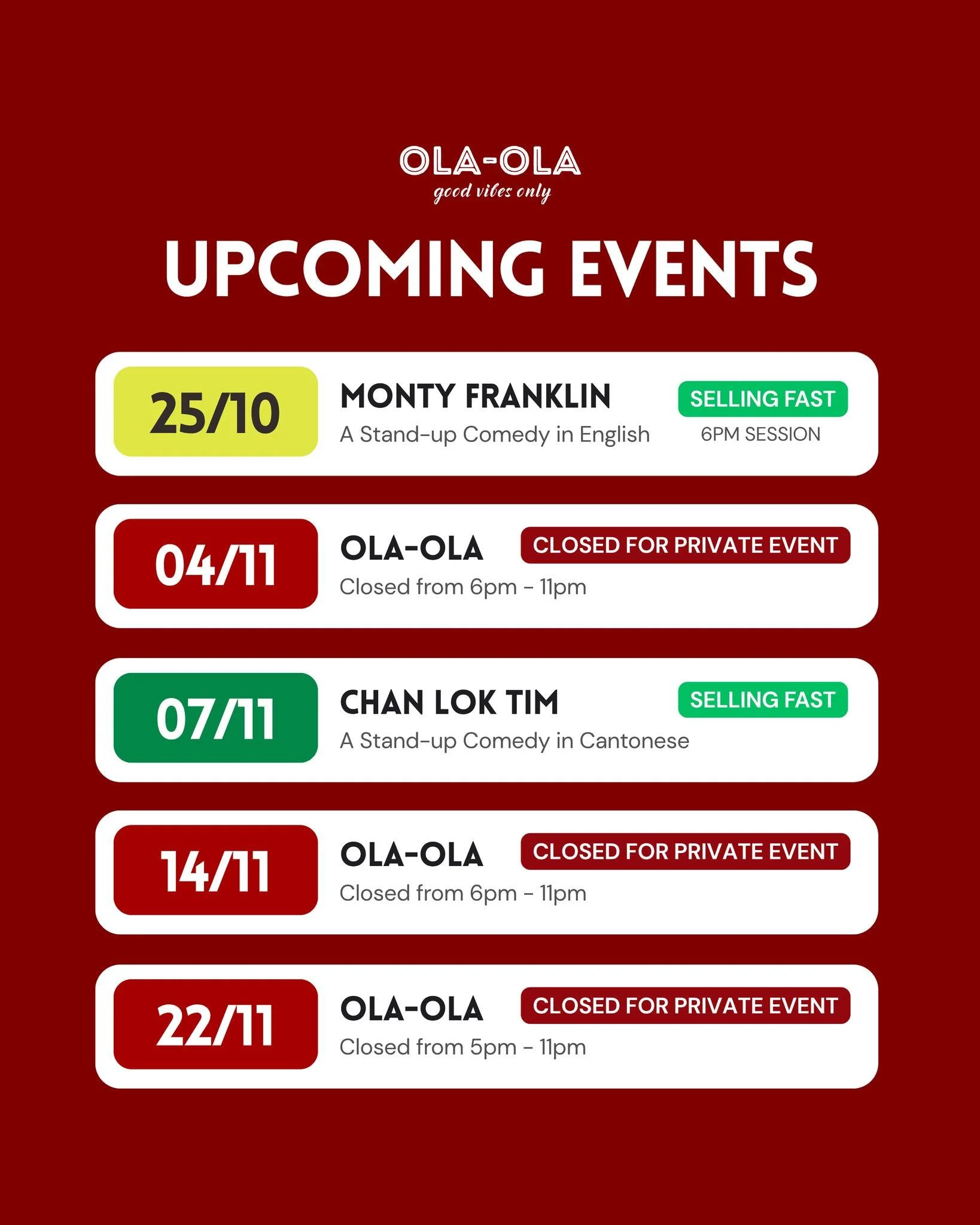 Your Saturday plans? Sorted ✅

Monty Franklin brings the laughs this Saturday for 2 sessions, 6PM &amp; 8.30PM respectively - completely SOLD OUT for the latter but limited tickets left for 6pm! GRAB IT FAST!

Good food, great comedy, and even better