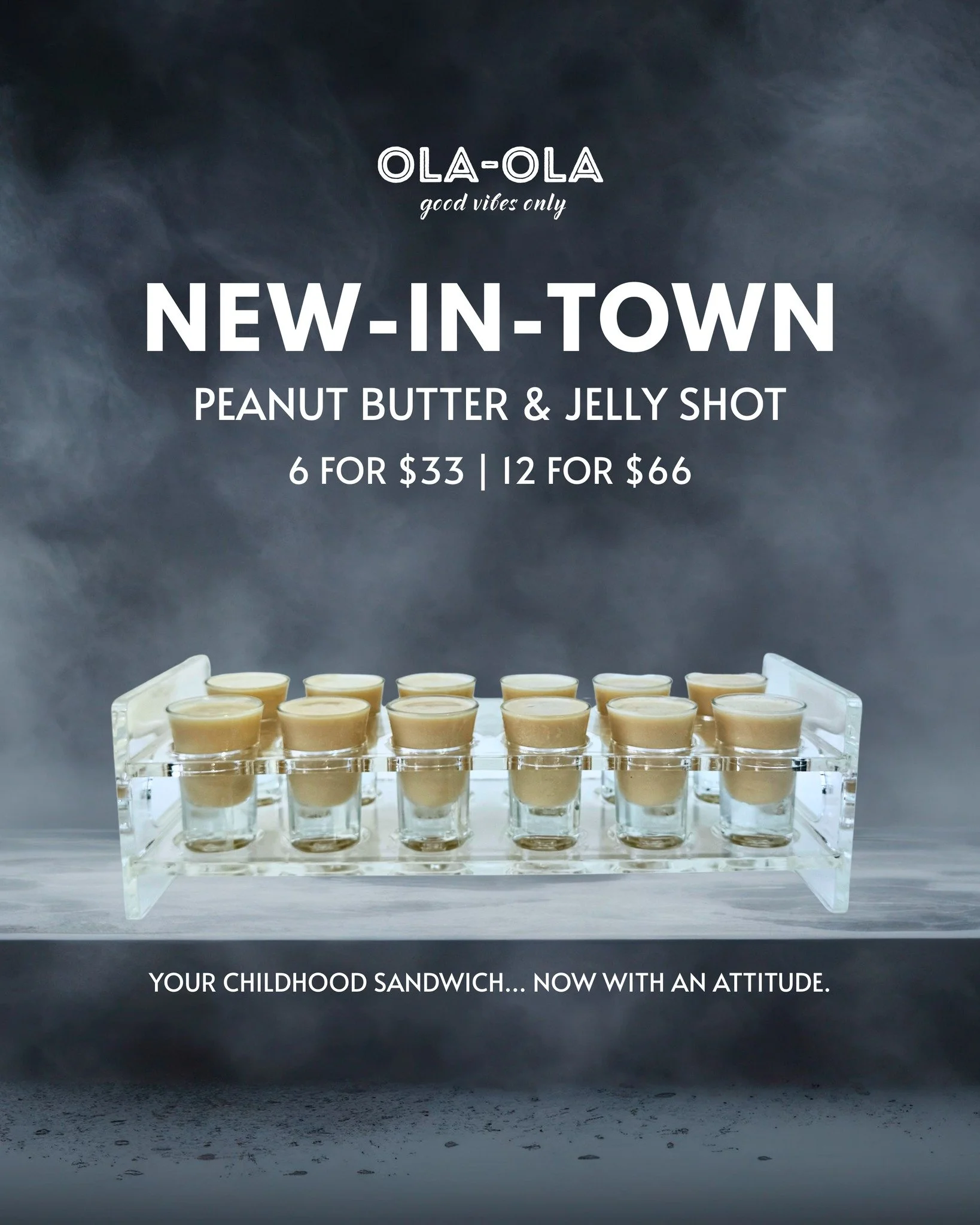 🥜🍇 NEW DROP ALERT!�Your childhood PB&amp;J sandwich&hellip; but make it grown-up 😏

✨�Introducing our Peanut Butter &amp; Jelly Shot &mdash; creamy, nostalgic, and way too easy to down.�6 for $33 | 12 for $66. Bring the whole squad 🔥🥃
.
.
.
#Ola