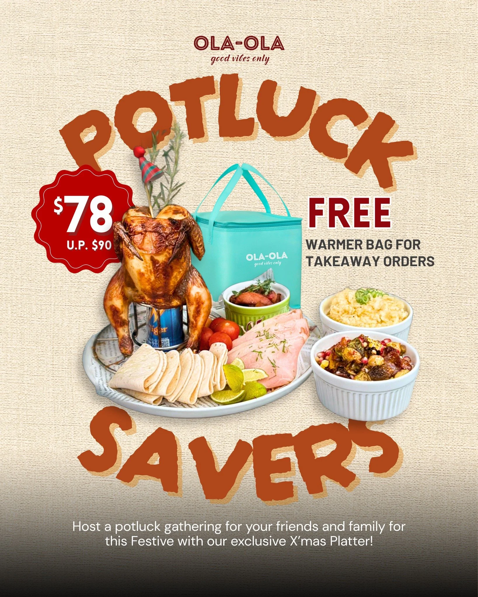 Christmas parties = sorted 🎄✨

Our Ola-Ola Potluck Savers is made for stress-free hosting &mdash; hearty mains, festive sides, and zero cooking required.

Now $78 (U.P. $90) + FREE Ola-Ola Warmer Bag for takeaway orders.

Perfect for office lunches,