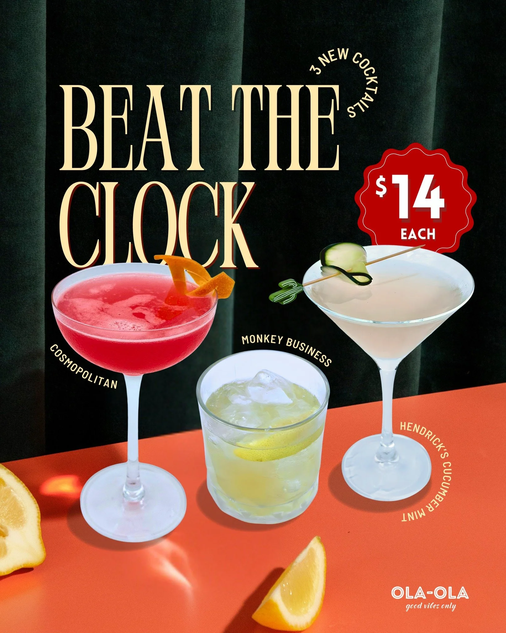 ⏰ Beat the Clock just got better.

We&rsquo;ve added 3 brand-new cocktails to our all-day happy hour lineup &mdash; because one more reason to come earlier is always a good idea 🍸✨

🍉 Cosmopolitan
🍌 Monkey Business
🥒 Hendrick&rsquo;s Cucumber Min