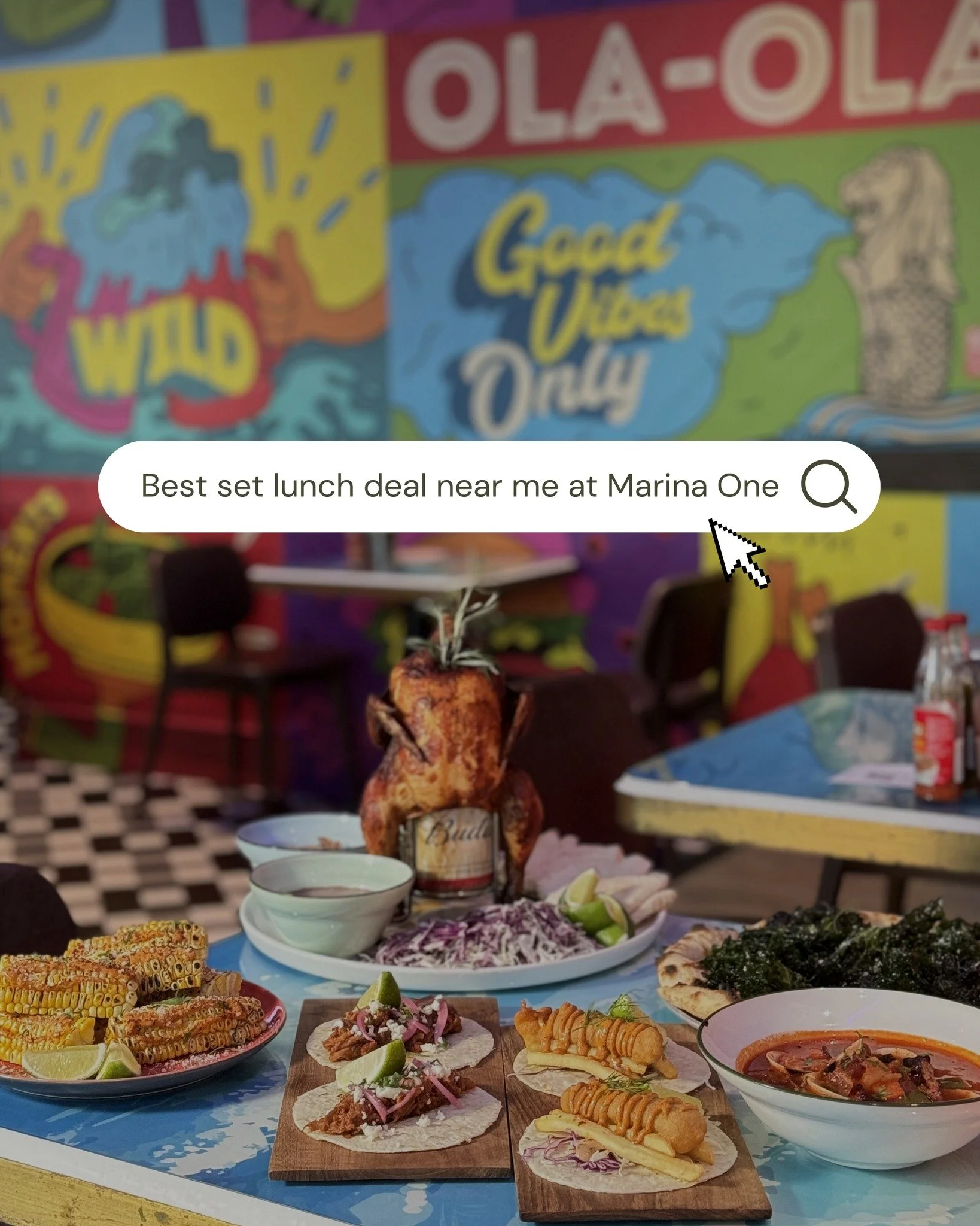 POV: you searched &ldquo;best set lunch near me at Marina One&rdquo; 👀🌮🍗
And here we are.

Ola Ola&rsquo;s exclusive Set Lunch is calling your name ✨

For just $32 from 11.30am - 2.30pm, enjoy:
🥗 1 Starter
🍽 1 Main
🥤 Free soft drink / juice

Bi