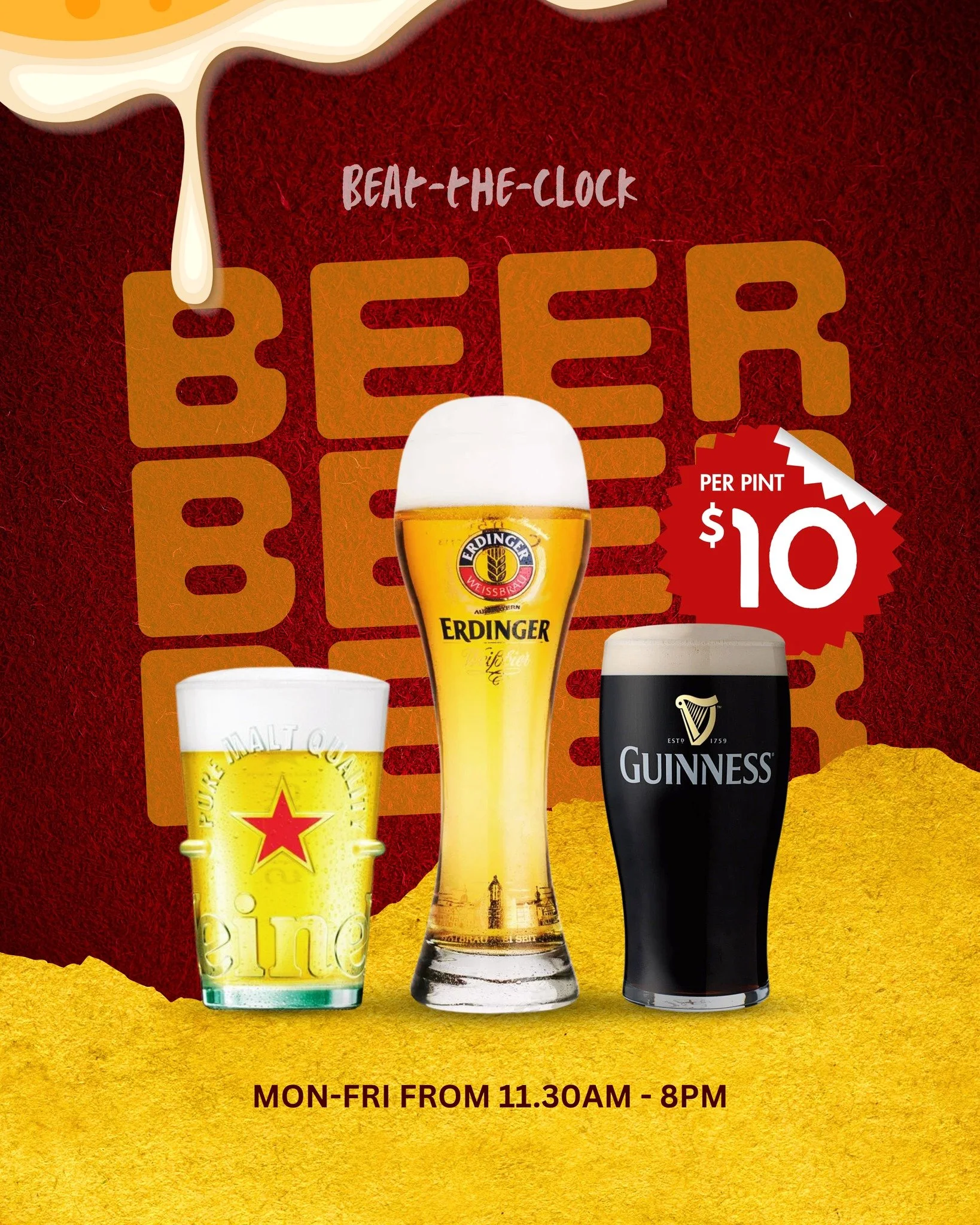 ⏱️🍻 Beat the Clock at Ola Ola!
$10 pints of Heineken, Erdinger &amp; Guinness from 11:30AM&ndash;8PM, Mon&ndash;Fri only.

🥃 House pour spirits get better as the clock ticks:
✨ $6.66 before 6PM
✨ $7.77 before 7PM
✨ $8.88 before 8PM

More time. Bett