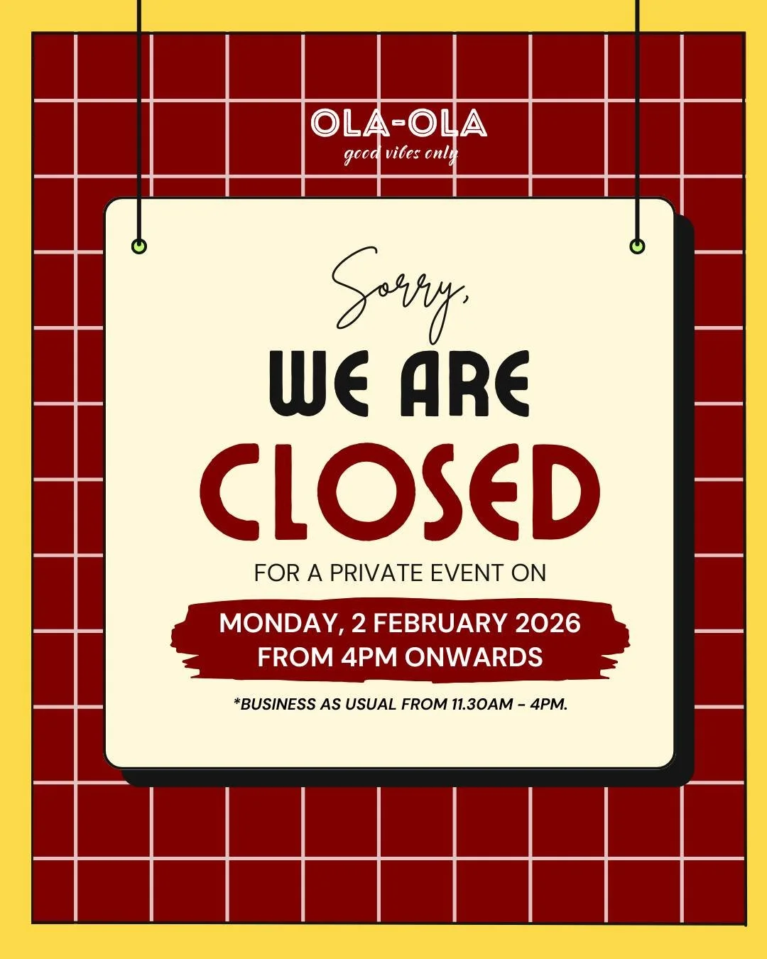 Good vibes&hellip; but make it private for a day 😉

We&rsquo;re hosting a private event from 4PM onwards on 2 Feb.
Swing by earlier (11:30AM &ndash; 4PM) for your usual fix!

#OlaOlaSG #OlaOlaSG #GoodVibesOnly #SeeYouSoon #SGRestaurants #SingaporeEv
