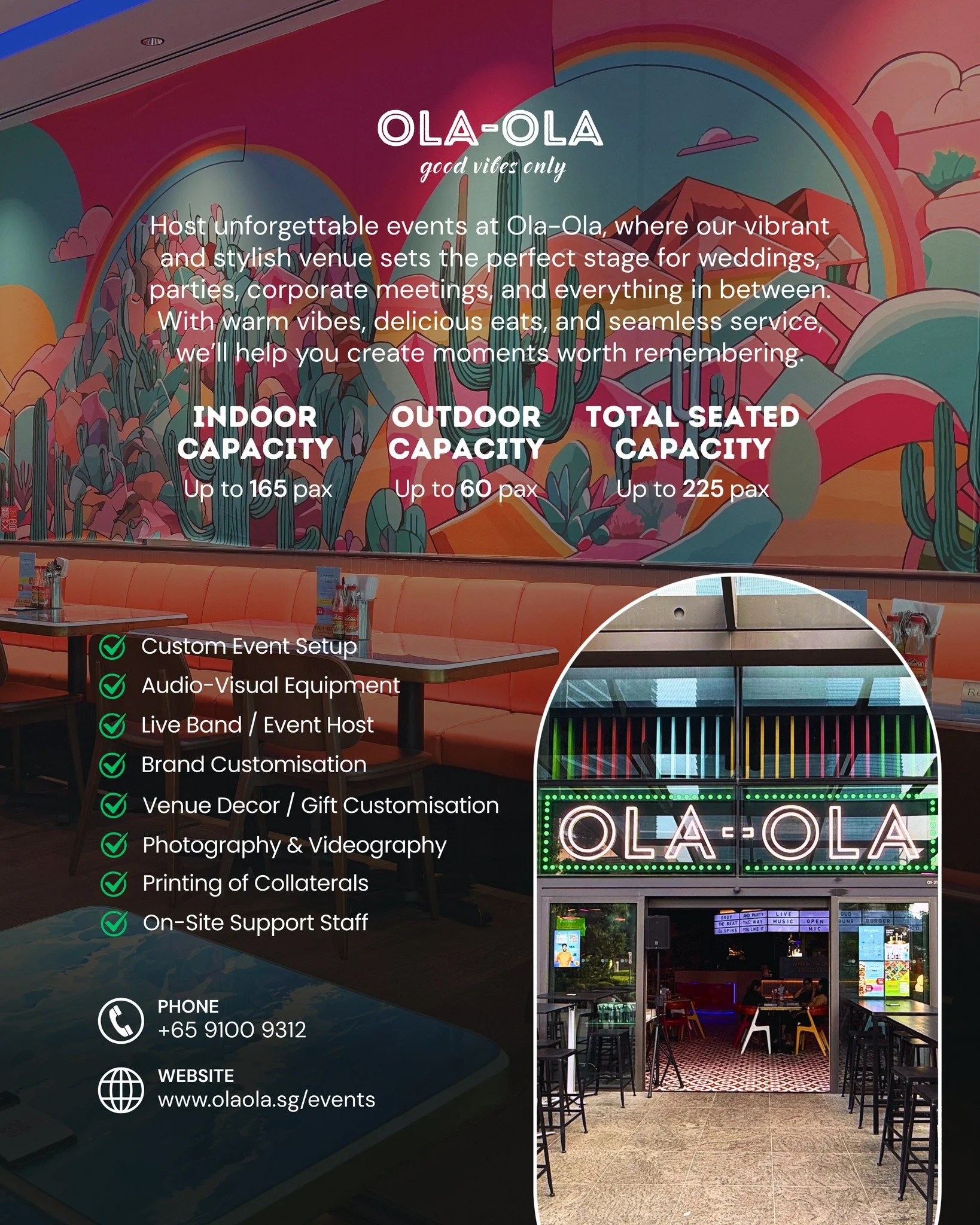Your next event deserves more than just a space &mdash; it deserves vibes, flavour and unforgettable moments ✨

At Ola Ola, we turn celebrations into experiences.
From corporate gatherings and birthdays to weddings and brand launches, our vibrant ven