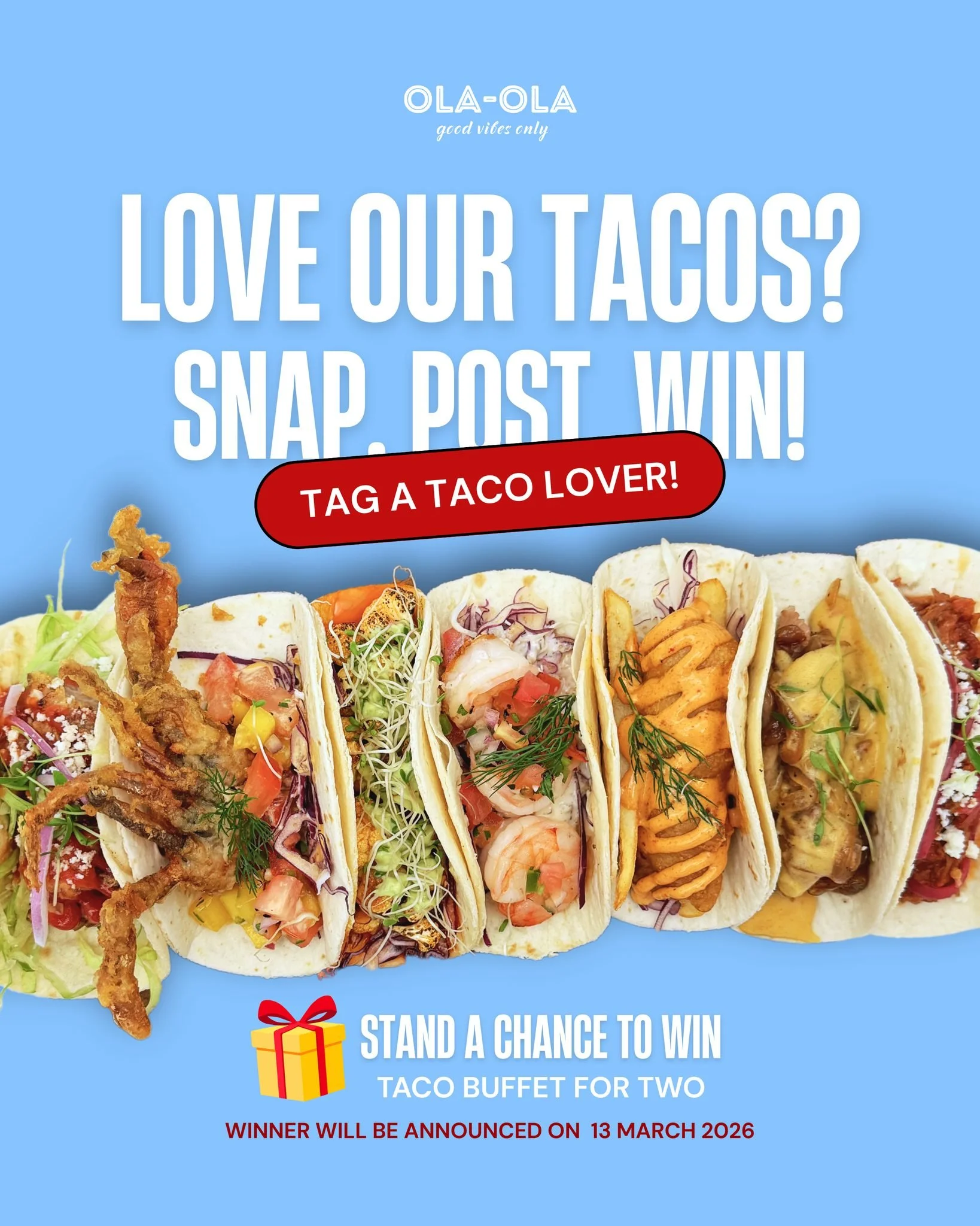 Love our tacos? Don&rsquo;t just crave them &mdash; WIN them.

We&rsquo;re giving away a Taco Buffet for Two (U.P. $76++) and joining is easy:

✨ HOW TO JOIN
1️⃣ Follow us @olaolasg
2️⃣ Snap a pic of your fave Ola-Ola tacos
3️⃣ Post it on your feed &