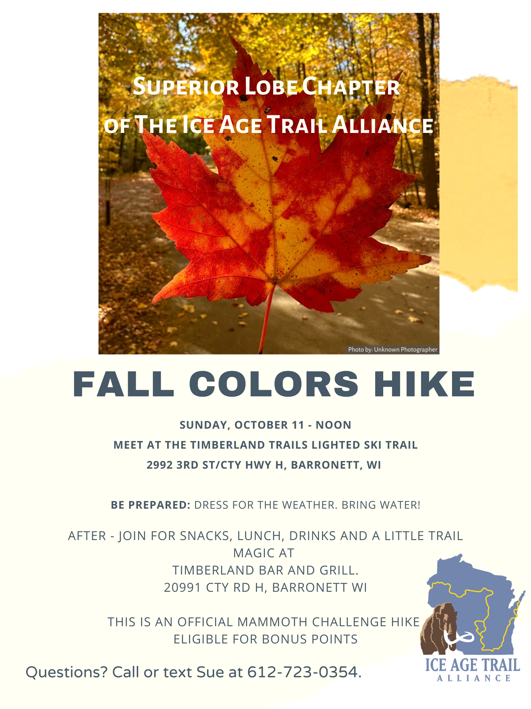 Fall-themed flyer promoting the Ice Age Trail's Superior Lobe Chapter hike on October 11, 2026, at Timberland Trails in Barronett, Wisconsin, featuring an autumn leaf and a map of Wisconsin with ice age mammoth image.
